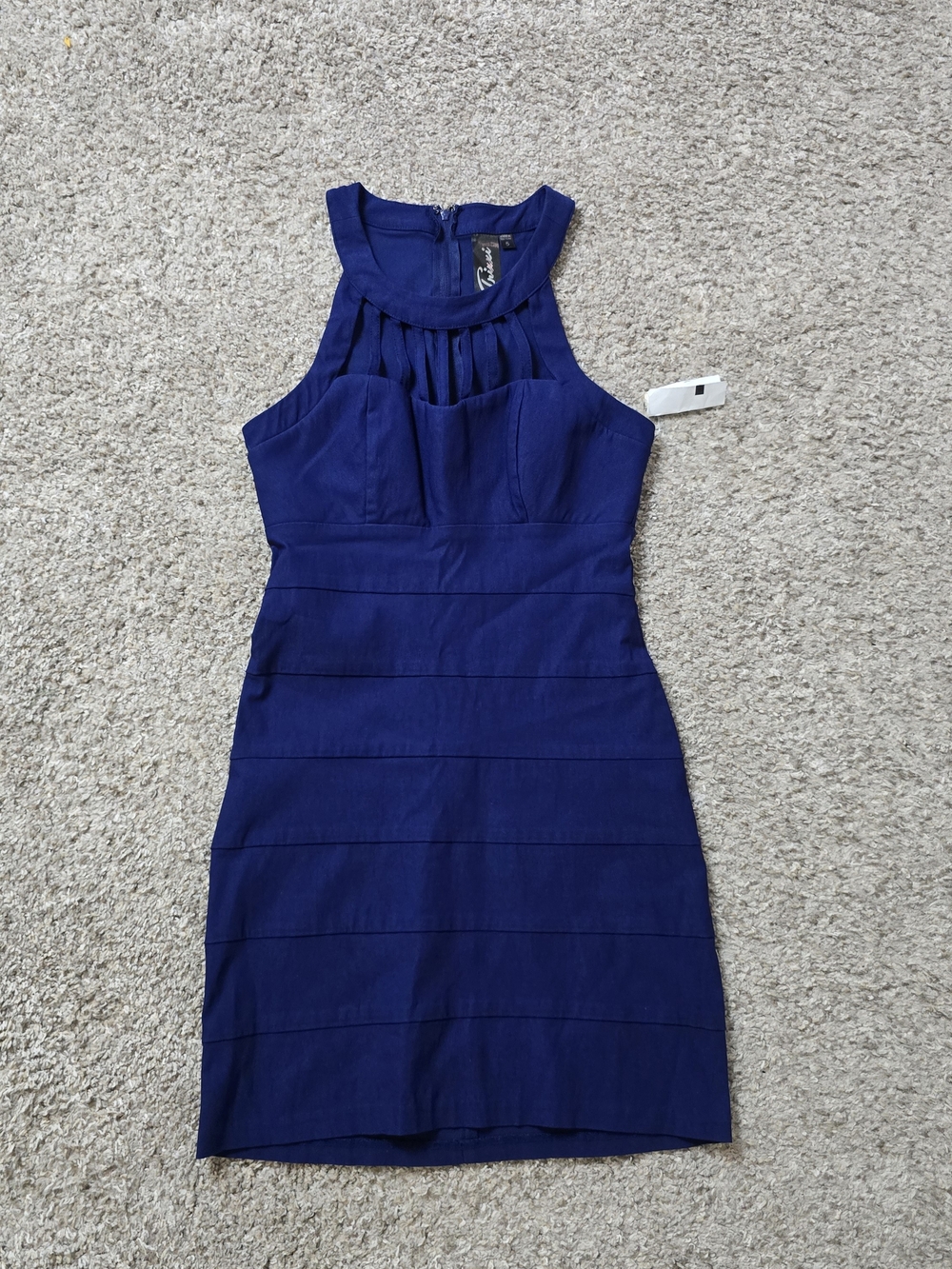 Trixxi Blue Solid Sleeveless High Neck Pleated Short Bodycon Dress Stretch 5